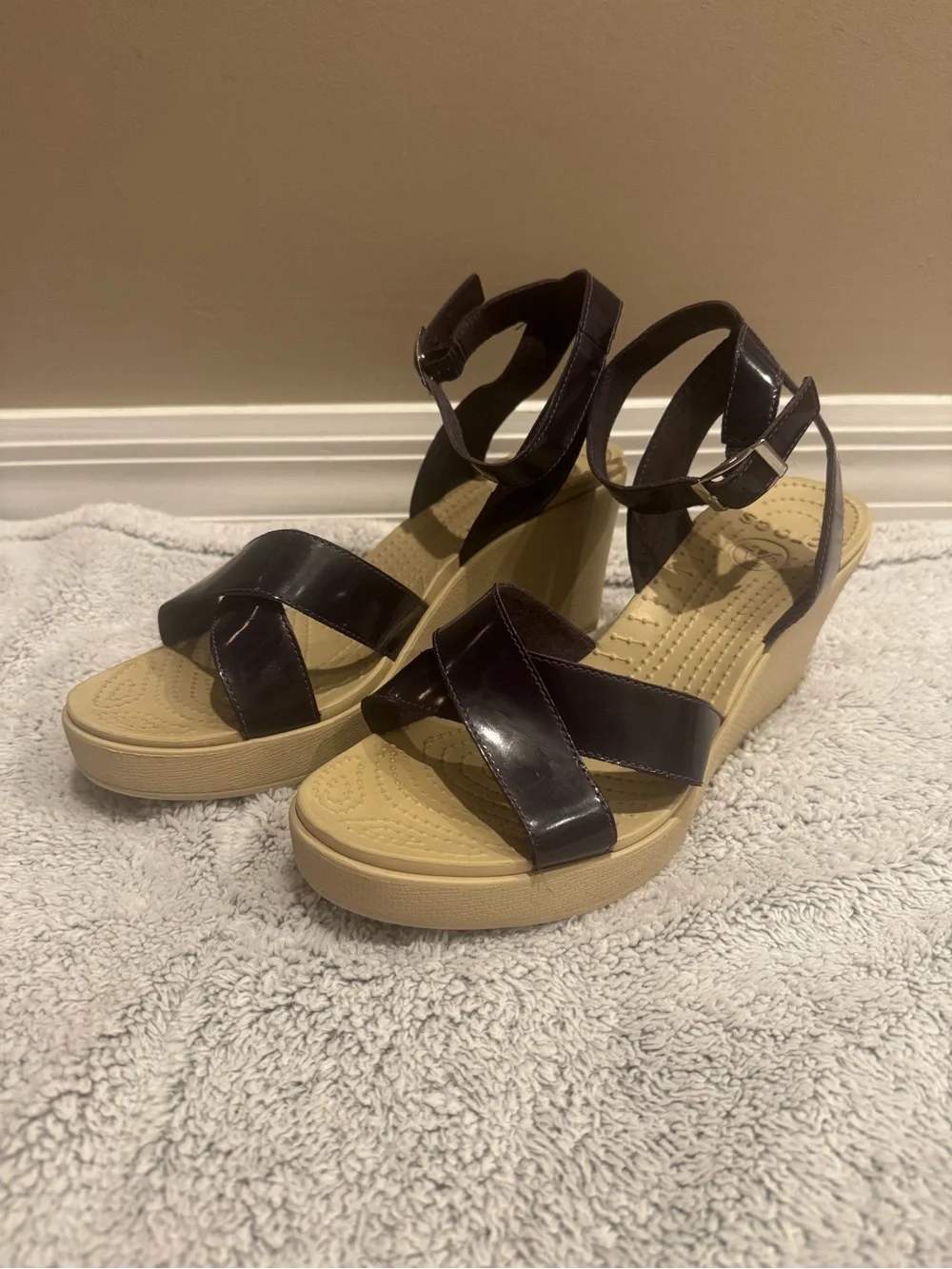 CROCS Patent Leather-Look Ankle Strap Wedges in dark purple and Tan